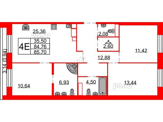 Квартира в ЖК Северная корона, 3 комнатная, 85.7 м², 7 этаж