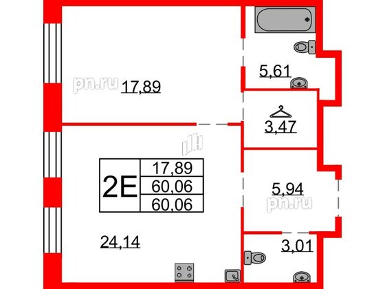 Квартира в ЖК Северная корона, 1 комнатная, 60.06 м², 2 этаж