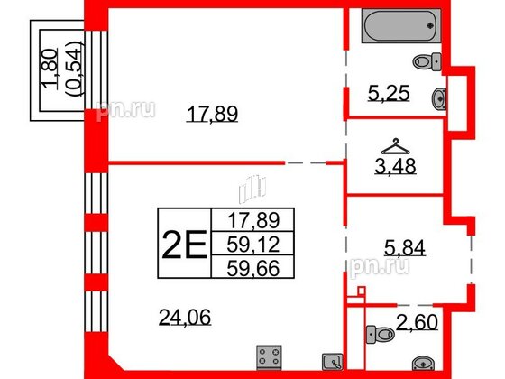 Квартира в ЖК Северная корона, 1 комнатная, 59.66 м², 7 этаж