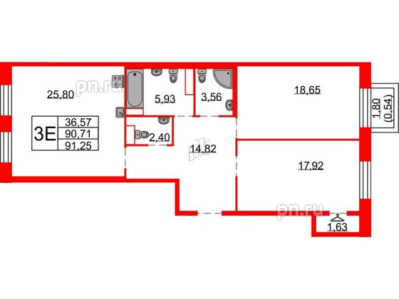 Квартира в ЖК Северная корона, 2 комнатная, 91.25 м², 6 этаж