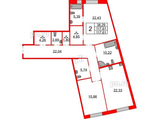 Квартира в ЖК Северная корона, 2 комнатная, 117.61 м², 2 этаж