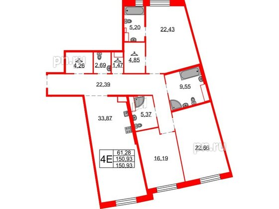 Квартира в ЖК Северная корона, 3 комнатная, 150.93 м², 3 этаж