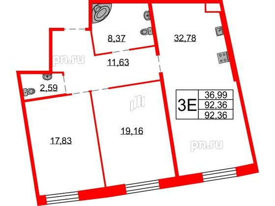 Квартира в ЖК Северная корона, 2 комнатная, 92.36 м², 2 этаж