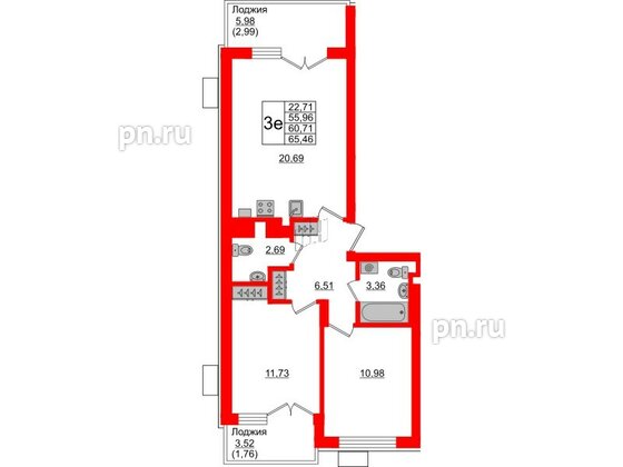 Квартира в ЖК Lake City-6, 2 комнатная, 60.71 м², 1 этаж