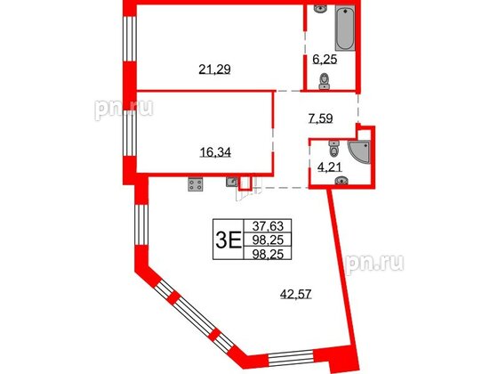 Квартира в ЖК Северная корона, 2 комнатная, 98.25 м², 2 этаж