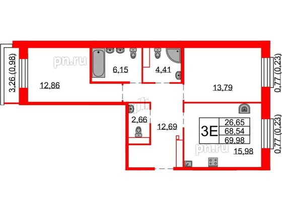 Квартира в ЖК Северная корона, 2 комнатная, 69.98 м², 7 этаж