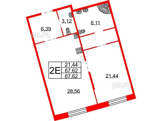 Квартира в ЖК Северная корона, 1 комнатная, 67.62 м², 2 этаж