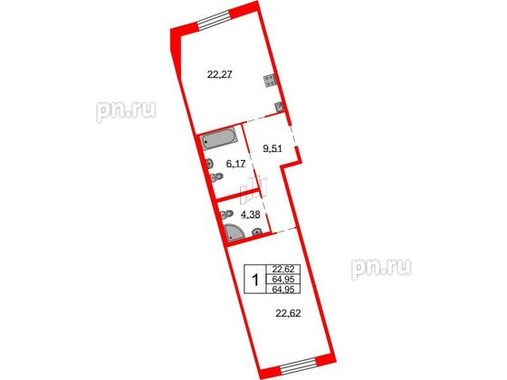 Квартира в ЖК Северная корона, 1 комнатная, 64.95 м², 2 этаж