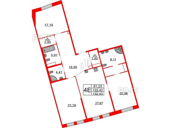 Квартира в ЖК Северная корона, 3 комнатная, 132.43 м², 6 этаж