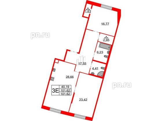 Квартира в ЖК Северная корона, 2 комнатная, 101.62 м², 2 этаж