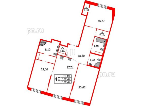 Квартира в ЖК Северная корона, 3 комнатная, 132.44 м², 4 этаж