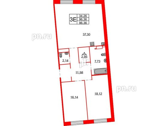 Квартира в ЖК Северная корона, 2 комнатная, 96.36 м², 3 этаж