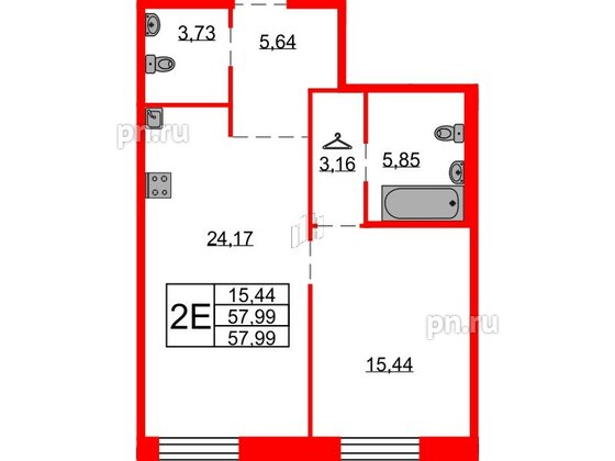 Квартира в ЖК Северная корона, 1 комнатная, 57.99 м², 3 этаж
