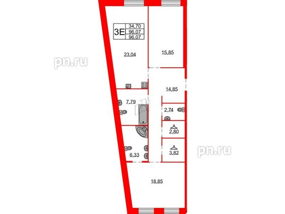 Квартира в ЖК Северная корона, 2 комнатная, 96.07 м², 3 этаж