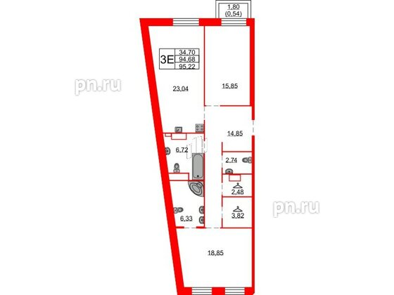 Квартира в ЖК Северная корона, 2 комнатная, 95.22 м², 5 этаж