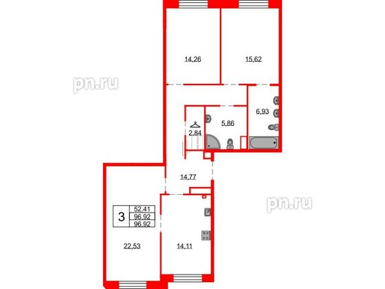 Квартира в ЖК Северная корона, 3 комнатная, 96.92 м², 3 этаж