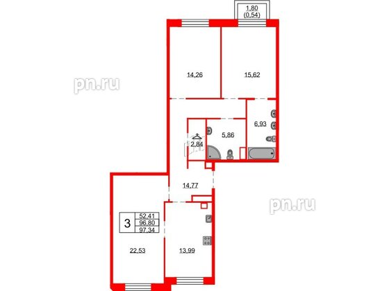 Квартира в ЖК Северная корона, 3 комнатная, 97.34 м², 6 этаж