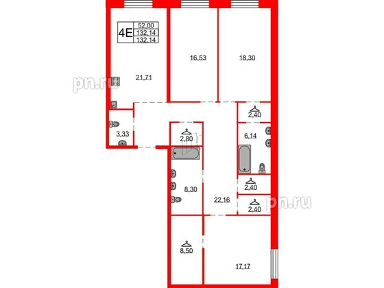 Квартира в ЖК Северная корона, 3 комнатная, 132.14 м², 2 этаж