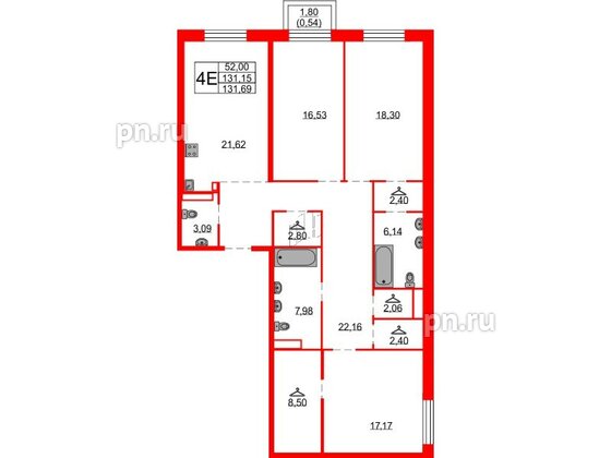 Квартира в ЖК Северная корона, 3 комнатная, 131.69 м², 4 этаж