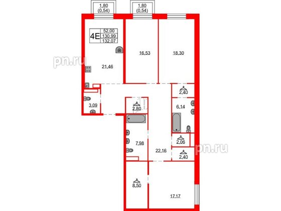 Квартира в ЖК Северная корона, 3 комнатная, 132.07 м², 8 этаж