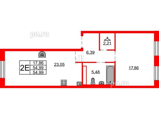 Квартира в ЖК Северная корона, 1 комнатная, 54.99 м², 8 этаж