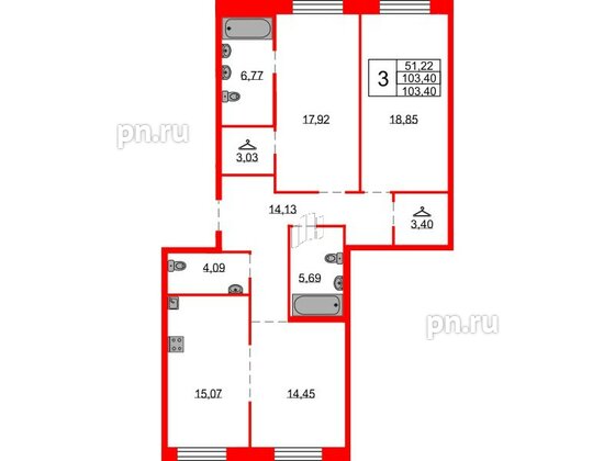 Квартира в ЖК Северная корона, 3 комнатная, 103.4 м², 2 этаж