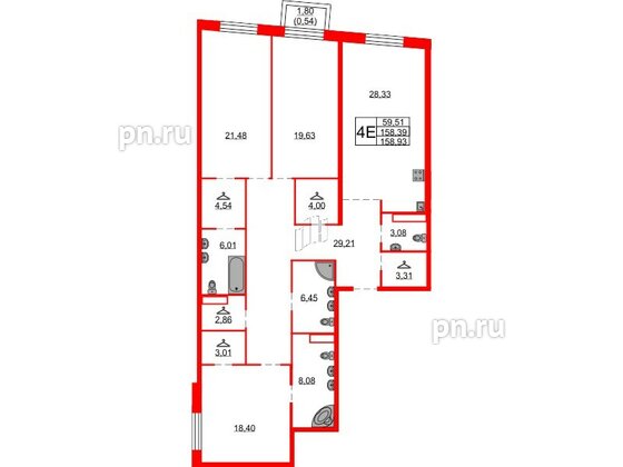 Квартира в ЖК Северная корона, 3 комнатная, 158.93 м², 6 этаж