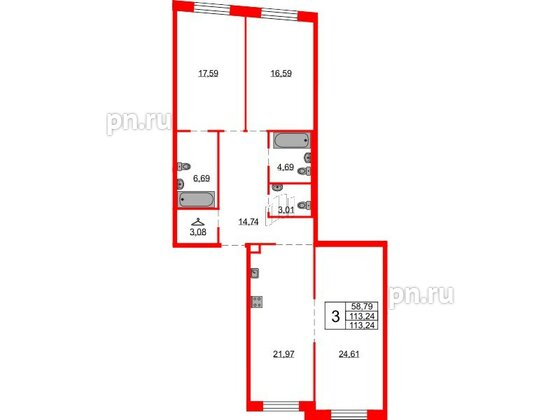 Квартира в ЖК Северная корона, 3 комнатная, 113.24 м², 2 этаж