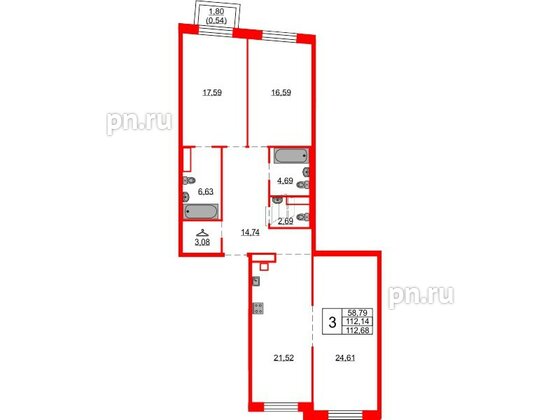 Квартира в ЖК Северная корона, 3 комнатная, 112.68 м², 6 этаж