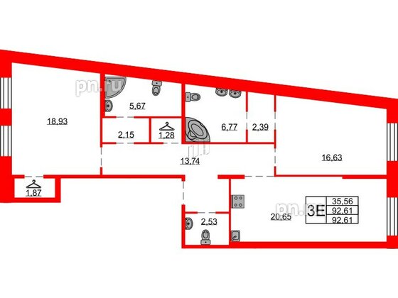 Квартира в ЖК Северная корона, 2 комнатная, 92.61 м², 2 этаж