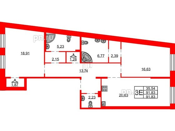 Квартира в ЖК Северная корона, 2 комнатная, 91.83 м², 3 этаж