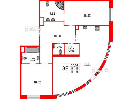 Квартира в ЖК Северная корона, 2 комнатная, 111.16 м², 2 этаж