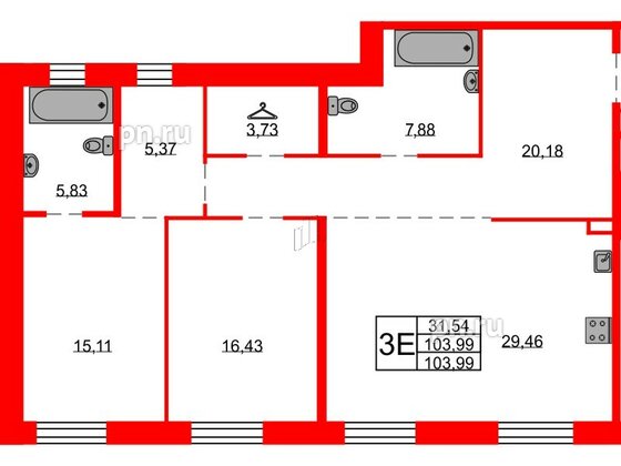 Квартира в ЖК Северная корона, 2 комнатная, 103.99 м², 2 этаж