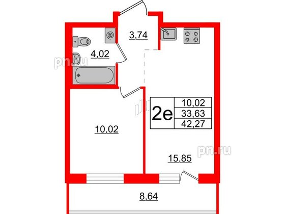 Квартира в ЖК ЦДС Новые горизонты-2, 1 комнатная, 33.63 м², 19 этаж