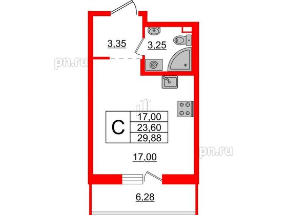 Квартира в ЖК ЦДС Новые горизонты-2, студия, 23.6 м², 15 этаж