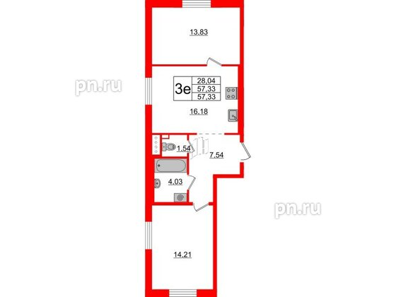 Квартира в ЖК ЦДС Новые горизонты-2, 2 комнатная, 57.33 м², 2 этаж