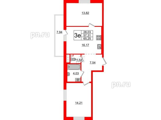 Квартира в ЖК ЦДС Новые горизонты-2, 2 комнатная, 57.31 м², 17 этаж