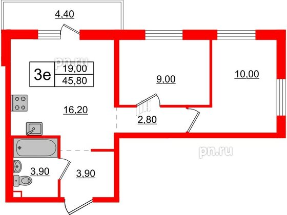 Квартира в ЖК ЦДС Новые горизонты-2, 1 комнатная, 45.8 м², 14 этаж