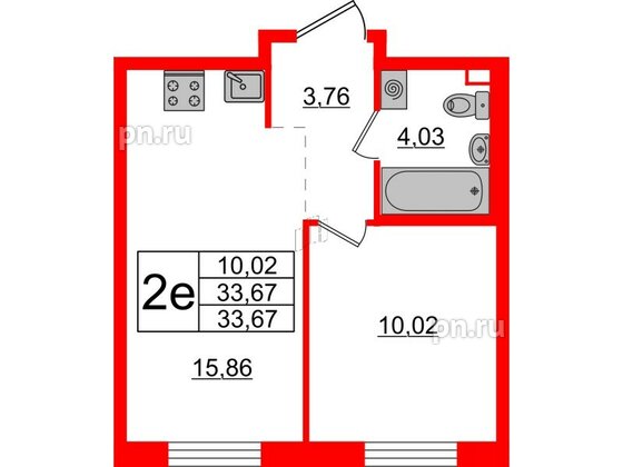 Квартира в ЖК ЦДС Новые горизонты-2, 1 комнатная, 33.67 м², 2 этаж