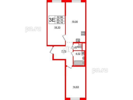 Квартира в ЖК ЦДС Новые горизонты-2, 2 комнатная, 65.16 м², 1 этаж