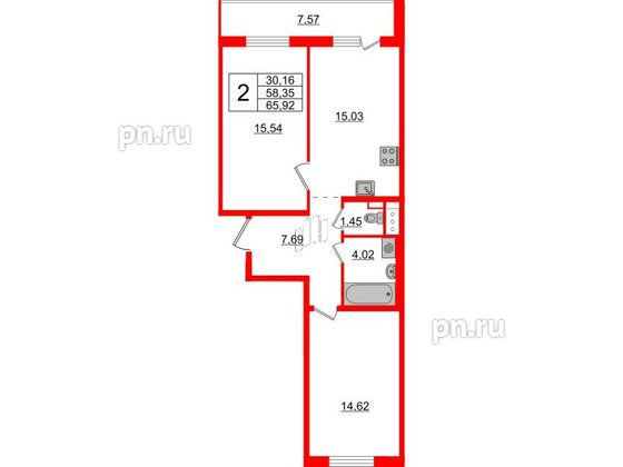 Квартира в ЖК ЦДС Новые горизонты-2, 2 комнатная, 58.35 м², 2 этаж