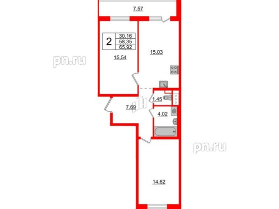 Квартира в ЖК ЦДС Новые горизонты-2, 2 комнатная, 58.35 м², 17 этаж