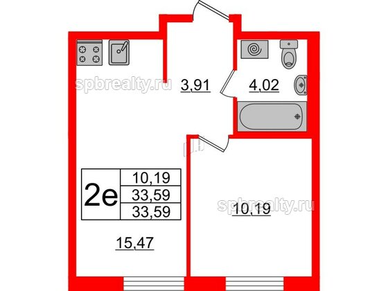 Квартира в ЖК ЦДС Новые горизонты-2, 1 комнатная, 33.63 м², 2 этаж