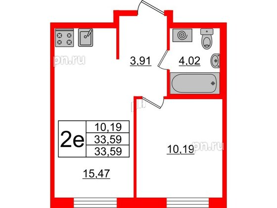 Квартира в ЖК ЦДС Новые горизонты-2, 1 комнатная, 33.63 м², 2 этаж