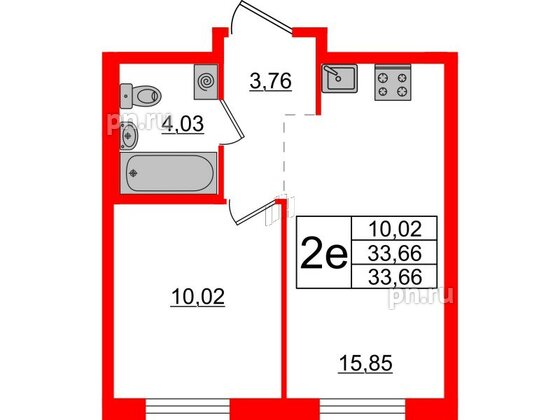 Квартира в ЖК ЦДС Новые горизонты-2, 1 комнатная, 33.66 м², 3 этаж