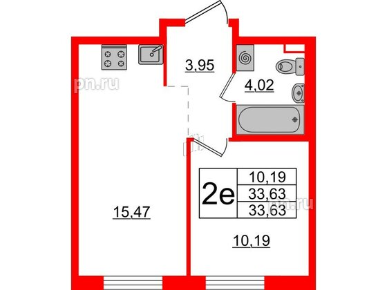 Квартира в ЖК ЦДС Новые горизонты-2, 1 комнатная, 33.63 м², 2 этаж