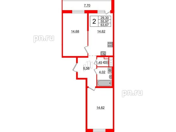 Квартира в ЖК ЦДС Новые горизонты-2, 2 комнатная, 55.97 м², 4 этаж