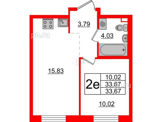 Квартира в ЖК ЦДС Новые горизонты-2, 1 комнатная, 33.67 м², 2 этаж