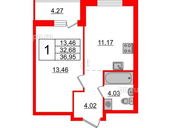 Квартира в ЖК ЦДС Новые горизонты-2, 1 комнатная, 32.68 м², 2 этаж