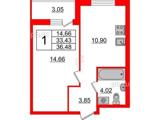 Квартира в ЖК ЦДС Новые горизонты-2, 1 комнатная, 32.68 м², 13 этаж